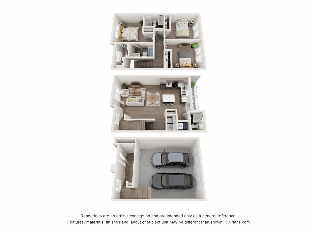 Floor plan for 3 beds, 2.5 baths, 1447 sqft